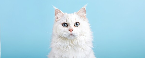Fluffy white Persian cat with striking blue eyes poses against a light blue background in a cozy indoor setting