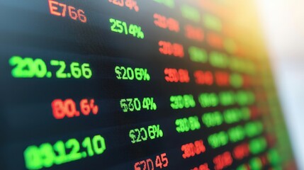 Obraz premium Stock market display showing fluctuating prices in green and red, indicating gains and losses for various securities.