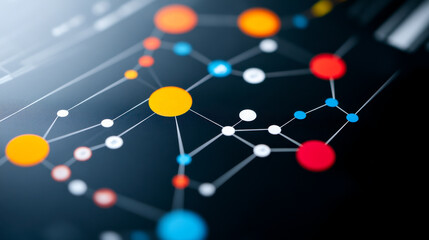 A vibrant network diagram showcasing interconnected nodes in various colors, representing data flow or collaborative processes in technology.