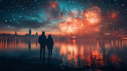 Fototapeta premium Happy new year concepts on background of blurred firework. Generlated AI Illustration.