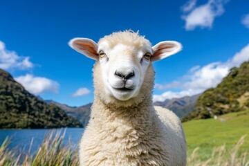 Fototapeta premium A serene rural landscape with a ewe grazing in a field surrounded by rolling green hills under a bright blue sky