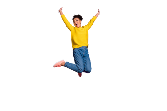 Full length body size view portrait of her she nice lovely attractive funny ecstatic cheerful cheery free wavy-haired girl having fun freedom isolated over bright vivid shine violet background