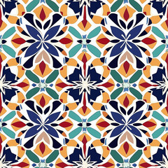 A vibrant, symmetrical pattern featuring floral designs in bold colors, perfect for textiles, wallpapers, or decorative elements.