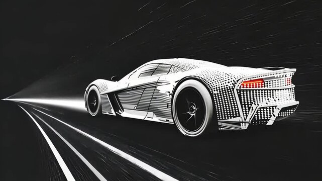 Futuristic car speeding through a digital tunnel with dynamic motion effects