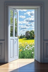Fototapeta premium Opening white door summer landscape image bright environment viewpoint of nature minimalist concept