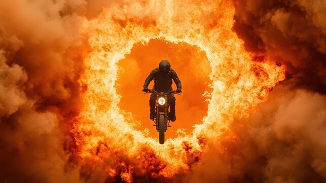 A stuntman jumping through a ring of fire on a motorcycle, highlighting dramatic risk