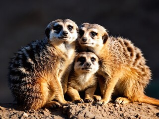 Three meerkats huddle together in a warm afternoon glow in their natural habitat