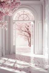 Opening doorway to mystical cherry blossoms interior photograph serene environment perspective viewpoint enchantment