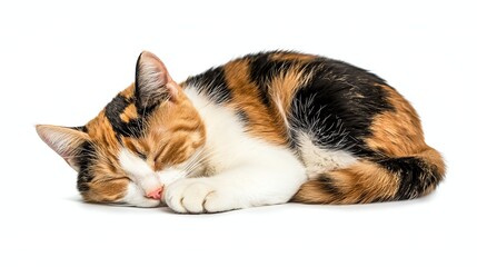 A calico cat peacefully sleeping, curled up on a soft surface, showcasing its vibrant colors and serene expression.