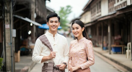 Fototapeta premium Young asian couple in traditional clothing smiling on quaint street in cultural heritage setting