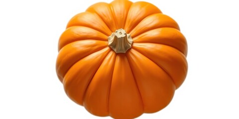 A single, ripe orange pumpkin sits on a pure white backdrop, showcasing its smooth, slightly dimpled skin and vibrant color.