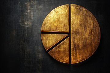 Fototapeta premium Gold pie chart divided into sections on dark background.