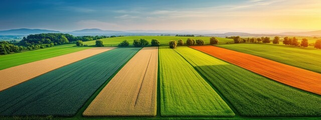 Aerial View of Colorful Agricultural Fields with Sunrise Overrolling Hills in Countryside Landscape
