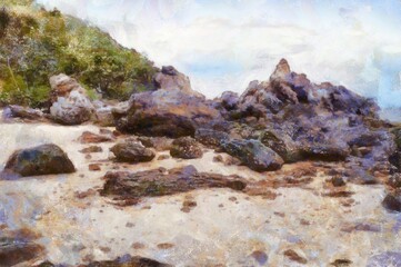 The island's beach landscape illustrated with chalk helps create an impressionistic painting.