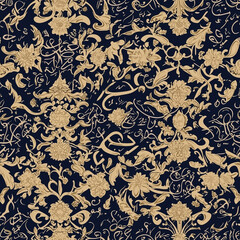 A detailed floral pattern in gold on a dark blue background, showcasing intricate designs and elegant symmetry.