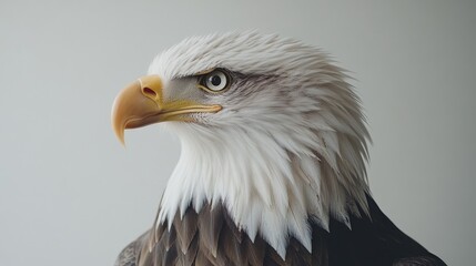 Obraz premium Close-up profile of an American bald eagle, head and upper body, against a light gray background.