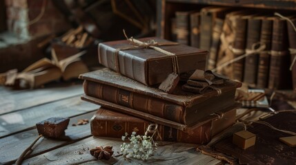 Stack of dark chocolate bars with nuts and spices on a wooden surface