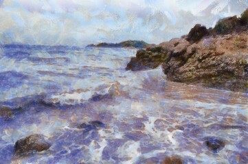 The island's beach landscape illustrated with chalk helps create an impressionistic painting.