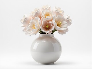 Obraz premium Bouquet of pastel colored flowers resting in a white porcelain vase on a white background