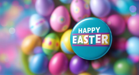 happy easter word lettering on a button in digital tech blur background