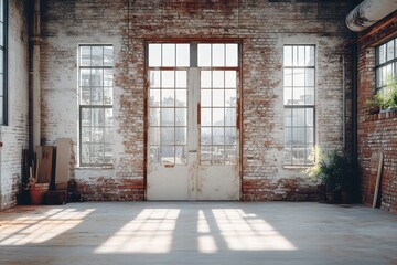 Inviting view of an industrial space bright white room interior photography modern environment open door perspective