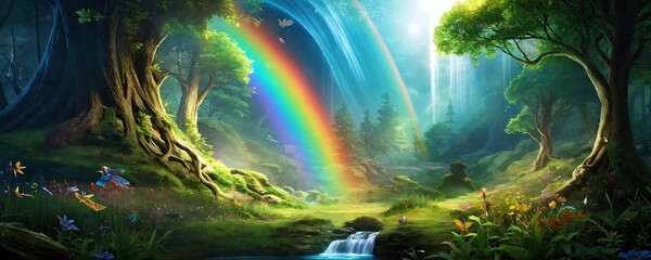 Obraz premium Enchanted forest with a vibrant rainbow and waterfall under bright sunlight in a magical setting