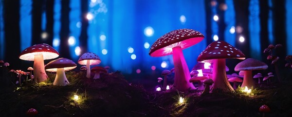 Colorful mushrooms glowing in a mystical forest at night surrounded by magical lights