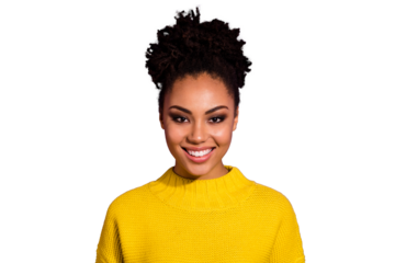 Close up photo of lovely millennial looking feel glad isolated over violet background