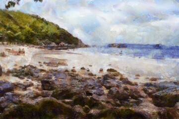 The island's beach landscape illustrated with chalk helps create an impressionistic painting.