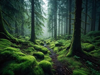 Fototapeta premium Mysterious forest landscape with mossy ground and serene stream in early morning light