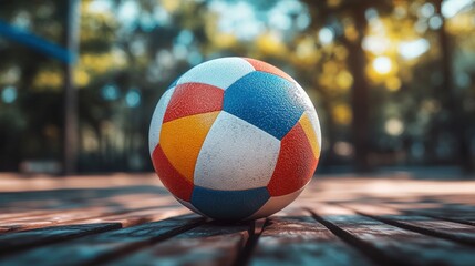 Colorful ball resting on wooden park bench.
