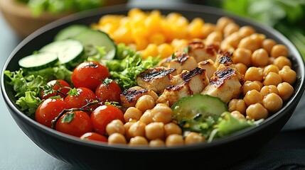 Colorful healthy bowl with grilled chicken, chickpeas, vegetables, and salad.