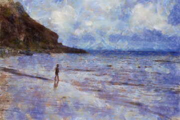 The island's beach landscape illustrated with chalk helps create an impressionistic painting.