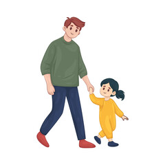 Illustration of Father holding hands with kids