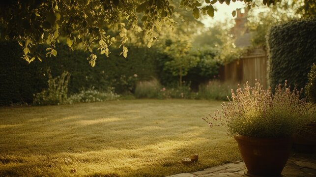 Sunlit garden lawn with lavender in terracotta pot.