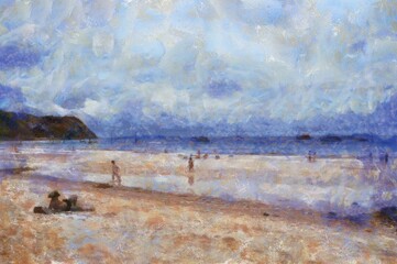 The island's beach landscape illustrated with chalk helps create an impressionistic painting.