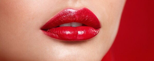 Obraz premium Bold red lips enhance beauty with classic elegance in a close-up presentation against a vibrant background