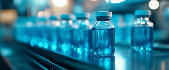 Glass vials filled with blue liquid moving along a conveyor belt in a modern pharmaceutical facility. Concept of vaccine production, medical innovation, and precision manufacturing