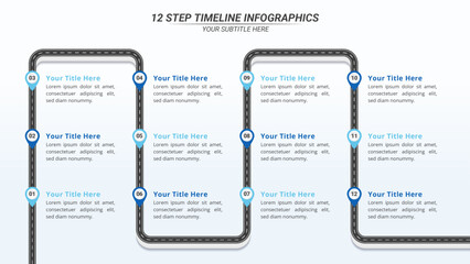 12 Steps Infographic Timeline with Editable Text on a 16:9 Layout for Business Presentation, Poster, Banner and Booklet.