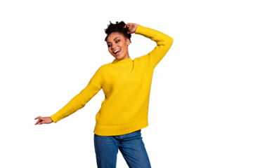 Portrait of attractive lady raise hands arms she her isolated over violet background