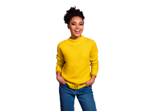 Portrait of charming youth put hands palms pockets laughter isolated over purple background