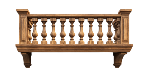 Decorative wooden balcony with classic railing design, isolated on transparent cutout background	