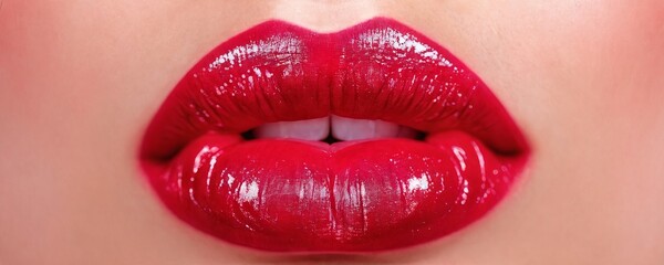 Obraz premium Bright red glossy lips showcase beauty and elegance in close-up view, highlighting makeup artistry and style
