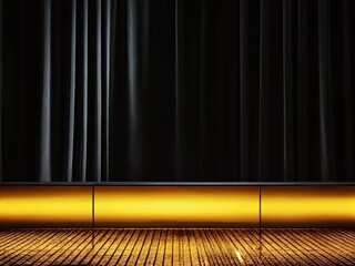 Stage setup with black curtains and glowing yellow light for an upcoming performance at a theater