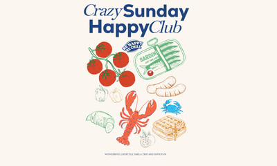 Stay Positive , Fresh vegan food. Food vintage t-shirt design. Organic vegetable farm. Sardines fish, tomatoes, Lobster, vegetable artwork for t shirt print, poster, sticker and other use.