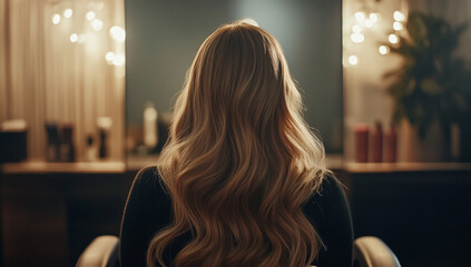 A woman in her late twenties with long hair is being styled by an expert at the salon