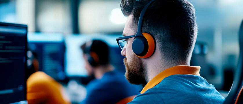 A focused individual wearing headphones works at a computer, immersed in a digital environment, showcasing a tech-driven atmosphere.
