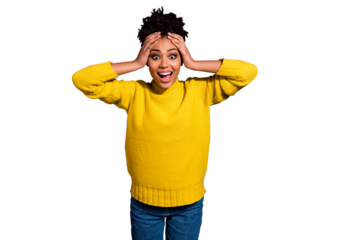 Portrait of impressed lady shout scream listen incredible news isolated over violet purple background