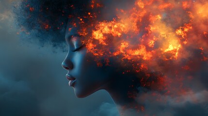 Woman Silhouette Embracing Internal Fiery Transformation