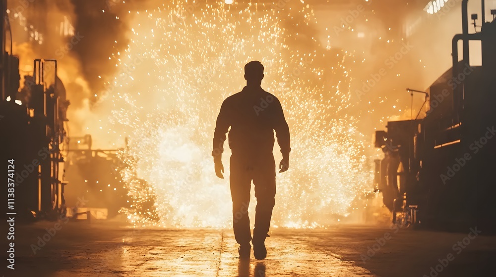 Poster Worker in Industrial Environment Walking Towards Explosions of Sparks and Light in Dynamic Factory Setting with Intense Backlighting and Dramatic Atmosphere